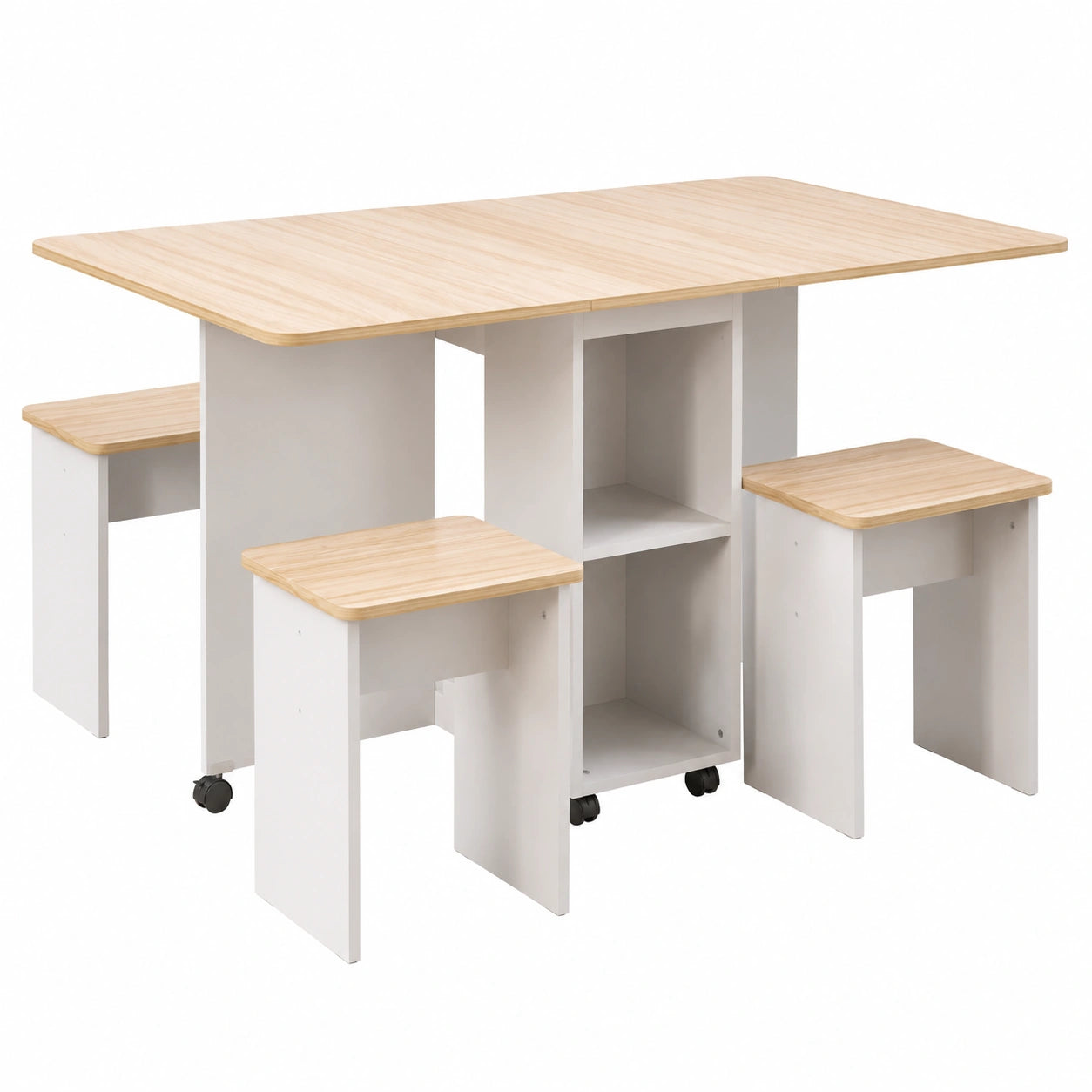 Table à manger, avec 4 chaises, pliable, avec rangement, en chêne, 120 x 80 x 80 cm, coloris blanc, pour la salle à manger